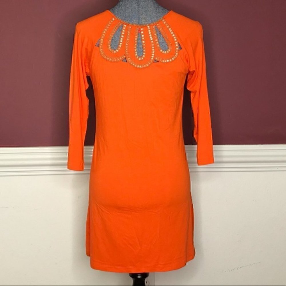 Joyous & Free Orange Beaded Shift Dress size small keyholes cute